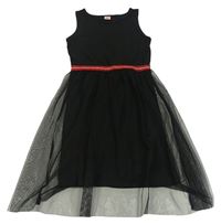 Černé šaty s tylem a červeno-stříbrným pasem zn. Y.F.K.