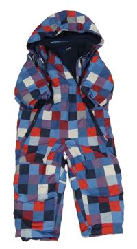 Modro-červeno-bílo-černá kostkovaná šusťáková zimní kombinéza s odepínací kapucí lupilu