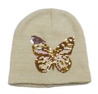 Smetanovo-zlatá melírovaná čepice s motýlkem z překlápěcích flitrů 