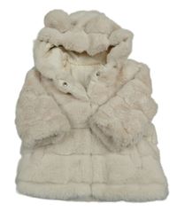 Smetanový žebrovaný kožešinový zateplený kabát s kapucí s oušky PRIMARK