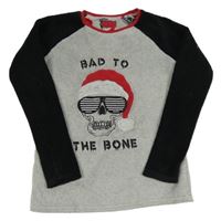 Šedo-tmavomodrá melírovaná plyšová pyžamová mikina s lebkou s vánočním motivem PRIMARK