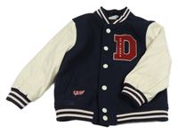 Tmavomodro-smetanová flaušovo/koženková baseballová bunda s písmenkem a tygrem a pruhy H&M