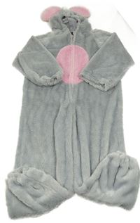 Kostým - Světlešedo-růžová chlupatá kombinéza s kapucí s oušky