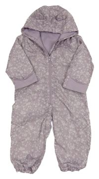 Světlefialová kytičkovaná šusťáková jarní zateplená kombinéza s kapucí s oušky George