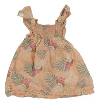 Broskvové plátěné šaty s lístečky a kokosy a volánky PRIMARK