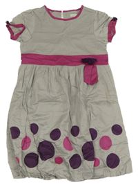 Šedo-malinové plátěné balonové podšité šaty s puntíky a mašlí Vertbaudet