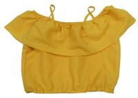 Tmavožlutý vzorovaný halenkový crop top s volánkem