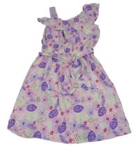 Světlerůžové asymetrické šaty s lístečky a květy a volánkem a páskem YOUNG IDOLS