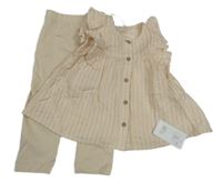 Nové - 2Set - Smetanovo-zlatá pruhovaná propínací tunika s volánky + legíny George