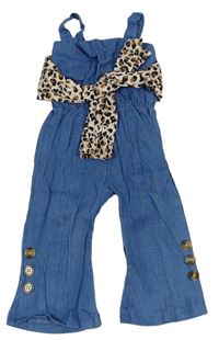 Modrý lehký riflový kalhotový overal s mašlí s leopardím vzorem 