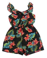 Černý květovaný lehký kraťasový overal s volánem Primark