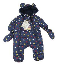 Nové - Tmavomodrá šusťáková zimní kombinéza s Mickeym a kapucí + rukavice Primark
