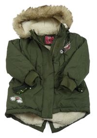 Khaki šusťáková zimní parka s nášivkami a kapucí Kiki&Koko
