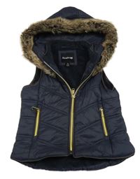 Tmavomodrá prošívaná šusťáková zateplená vesta s kapucí s kožešinou Firetrap