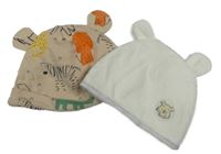 2x čepice - světlehnědá bavlněná čepice se zvířaty + bílá sametová s Púem