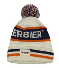 Smetanovo-tmavomodro-oranžová čepice s nápisem a bambulí