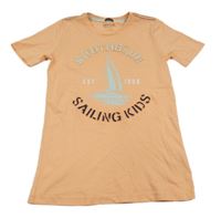 Neonově oranžové tričko s loďkou a 3D nápisem