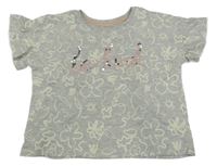 Šedé melírované květované tričko s nápisem z flitrů Nutmeg