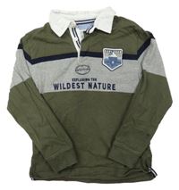 Khaki-šedé polo triko s nášivkou a nápisem