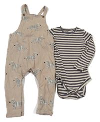 2set - Béžové laclové tepláky se zebrami + tmavošedo-béžové pruhované žebrované body Next