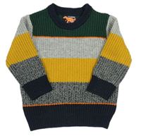 Zeleno-šedo-žluto-tmavomodrý pruhovaný pletený svetr F&F