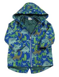 Modro-zelená šusťáková jarní bunda s dinosaury a kaktusy a kapucí Miniclub