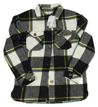 Nové - Bílo-černo-zelená kostkovaná vlněná košilová bunda H&M