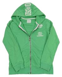 Zelená propínací mikina s nápisem a kapucí 