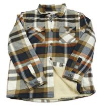 Béžovo-tmavomodrá kostkovaná zateplená košilová bunda Matalan