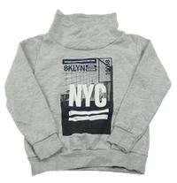 Šedá melírovaná mikina s potiskem a komínovým límcem 