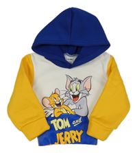 Bílo-žluto-modrá mikina s Tomem a Jerrym a kapucí 