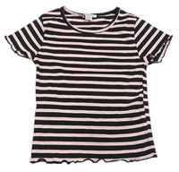 Černo-bílo-neonově růžové pruhované žebrované crop tričko Primark