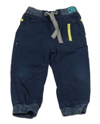 Tmavomodré plátěné podšité kalhoty s úpletovým pasem Topomini