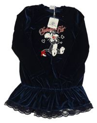 Nové - Tmavomodré sametové šaty s krajkou a Sylvesterem - Looney Tunes