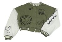Khaki-bílá crop baseballová mikina se smajlíky H&M