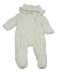 Smetanová žebrovaná plyšová zateplená kombinéza s medvídkem a kapucí Topomini