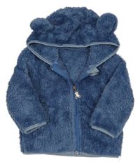 Tmavomodrá chlupatá propínací mikina s kapucí 