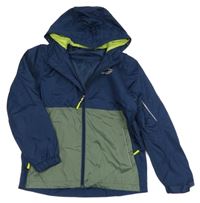 Tmavomodro-khaki šusťáková funkční bunda s potiskem a kapucí Crane