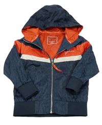 Tmavomodro-červeno-bílá šusťáková jarní bunda s výšivkou a kapucí 