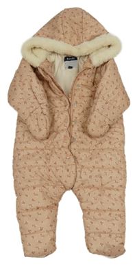 Světlerůžová květovaná šusťáková zimní kombinéza s kapucí Kiabi 