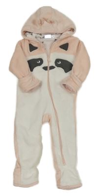 Broskvovo-bílá chlupatá podšitá kombinéza s mývalem a kapucí Lupilu