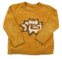 Medový třpytivý žinylkový svetr s nápisem z flitrů