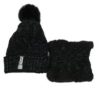 2set - Černo-stříbrná pletená čepice + nákrčník 