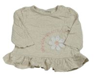 Světlešedo-smetanové melírované triko s kyětem a nápisem a volánkem Nutmeg