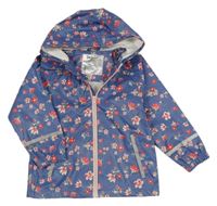 Modrá nepromokavá bunda s kytičkami a kapucí lupilu