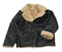 Černý koženkový zateplený křivák s límečkem SHEIN