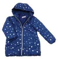Tmavomodrý prošívaný šusťákový zimní kabát se srdíčky a kapucí POCOPIANO