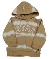 Hnědo-bílá batikovaná mikina s nápisem a kapsou a kapucí