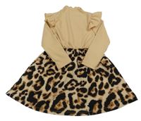 Béžovo-hnědo-černé žebrované vzorované šaty se vzorem a volánky SHEIN