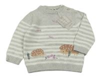 Nové - světlešedo-bílý pruhovaný melírovaný svetr s ježečky a vážkami John Lewis